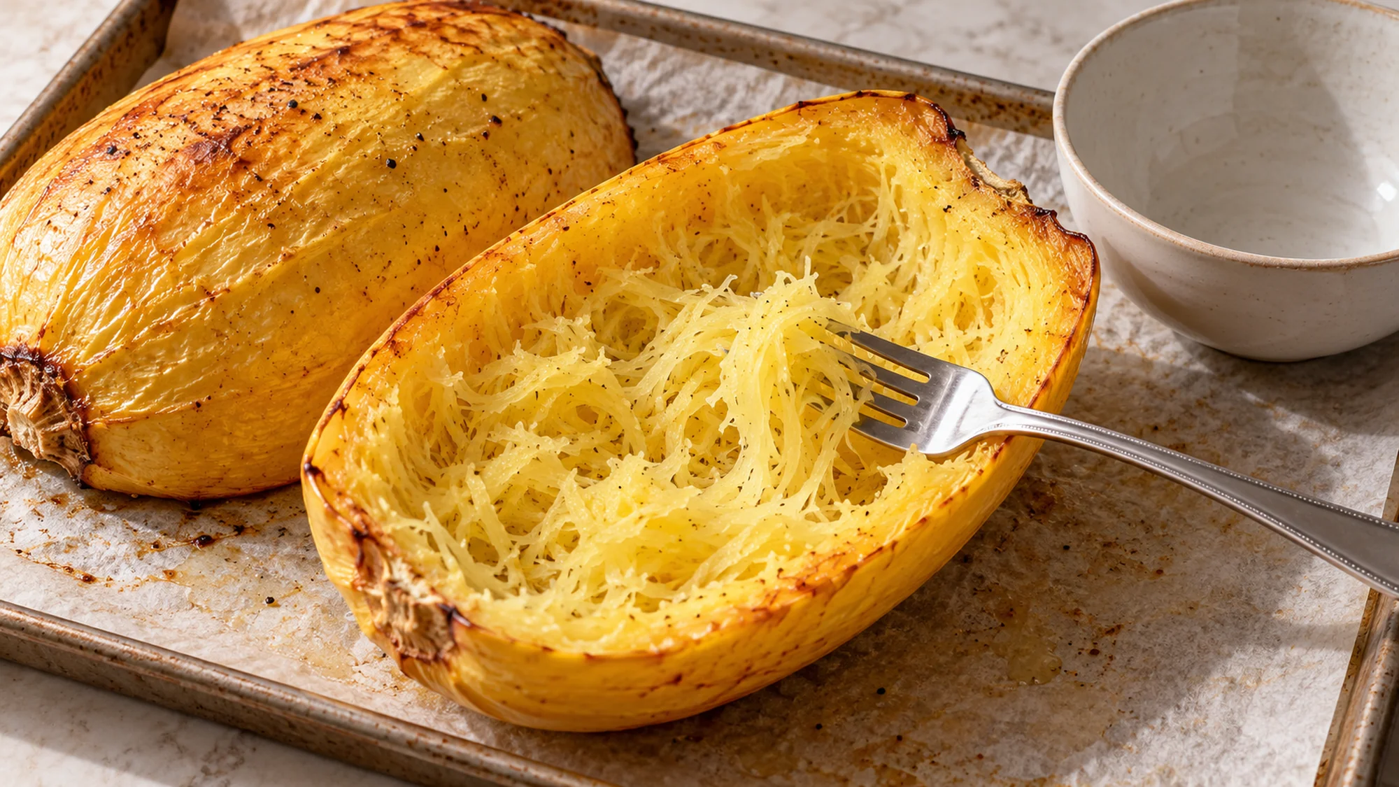 A fork resting beside loosened spaghetti squash strands in a roasted shell.