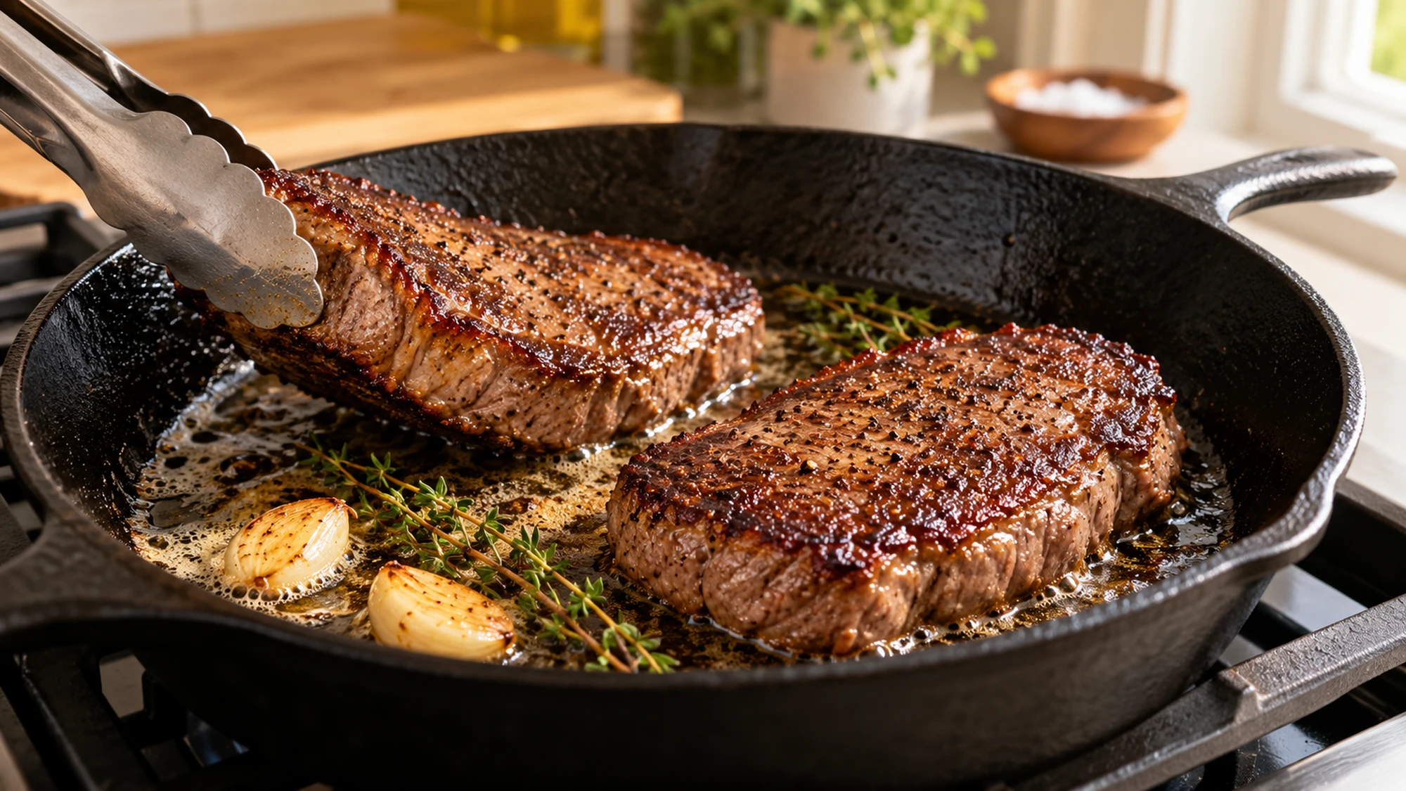 How to cook steak in a skillet with two sirloins, butter, garlic and thyme