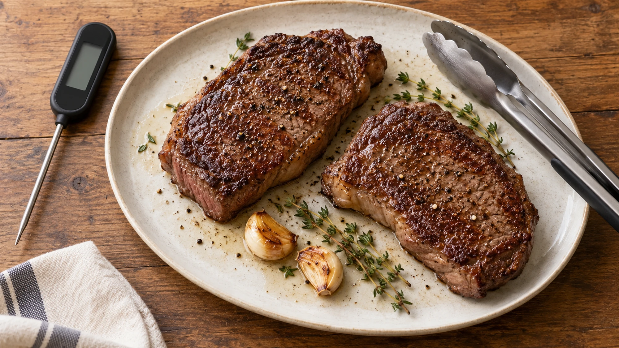 Two cooked sirloin steaks resting on a clean plate beside tongs and a thermometer