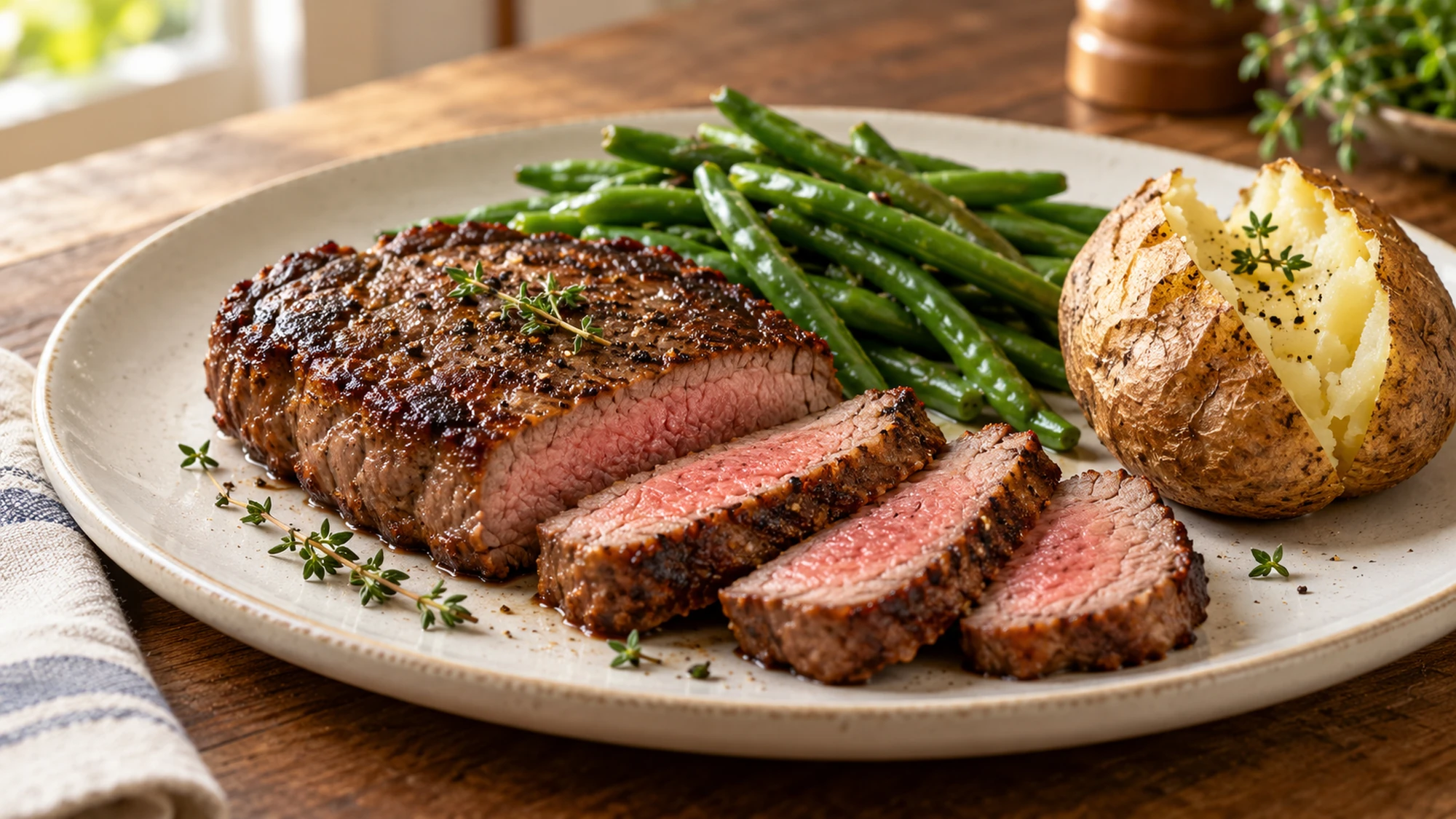 Sliced sirloin steak beside separate green beans and a baked potato
