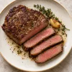 Square recipe image of skillet sirloin steak with garlic and thyme