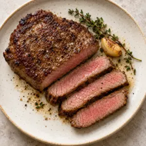 Square recipe image of skillet sirloin steak with garlic and thyme
