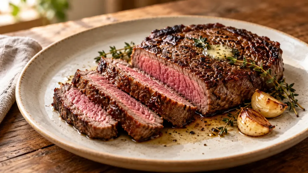 How to cook steak: sliced sirloin with a browned crust, garlic and thyme