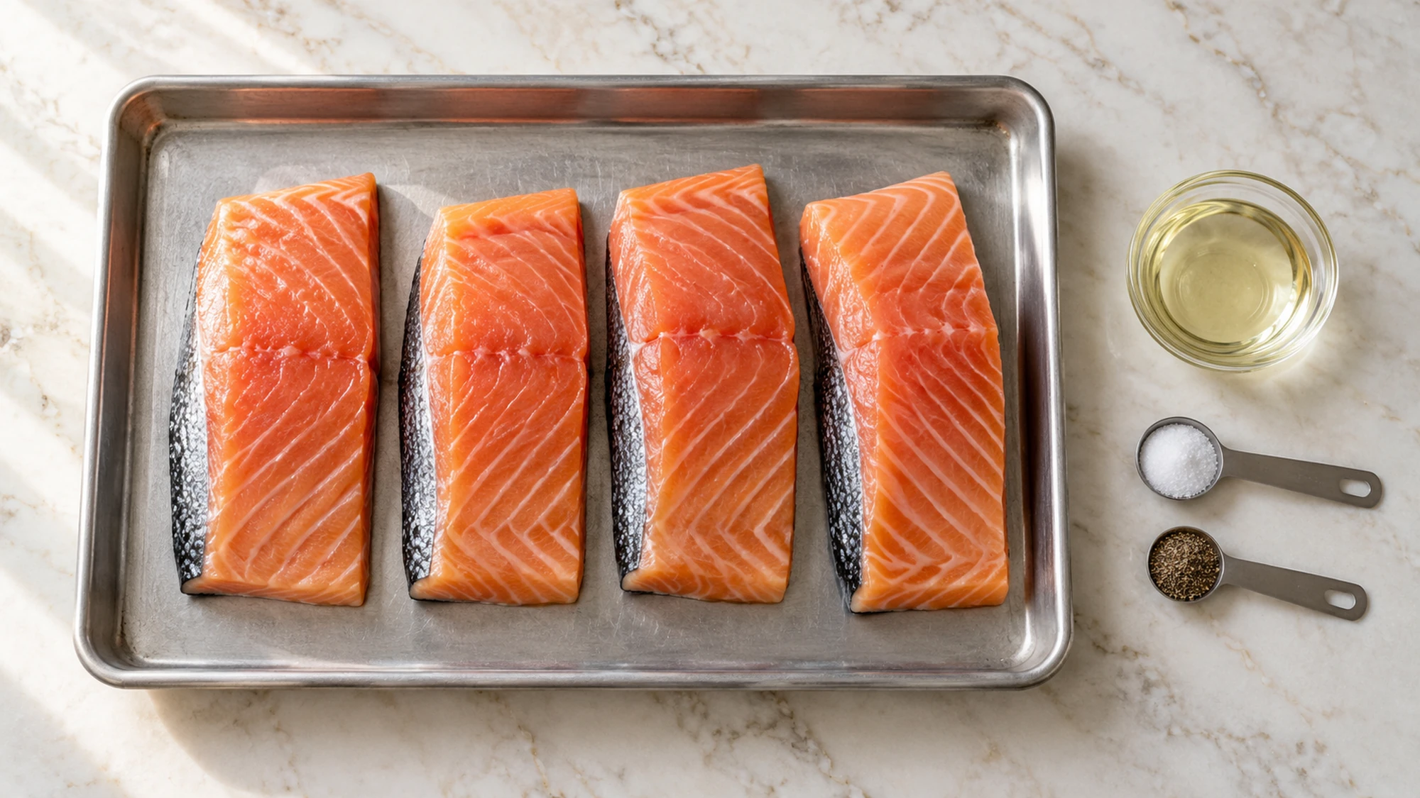 How to grill salmon starting with skin-on fillets, oil, salt, and pepper