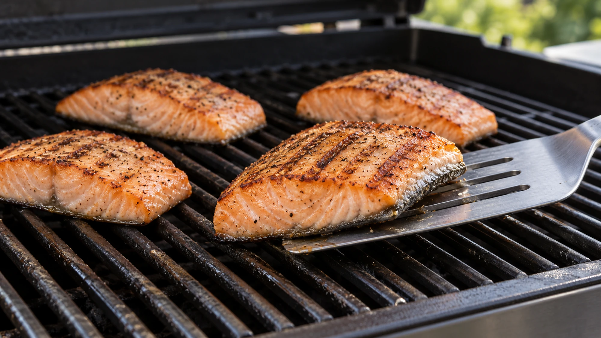 How to grill salmon with a wide spatula supporting a skin-on fillet on the grates