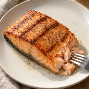 How to grill salmon: a skin-on fillet with clear grill marks and tender flakes