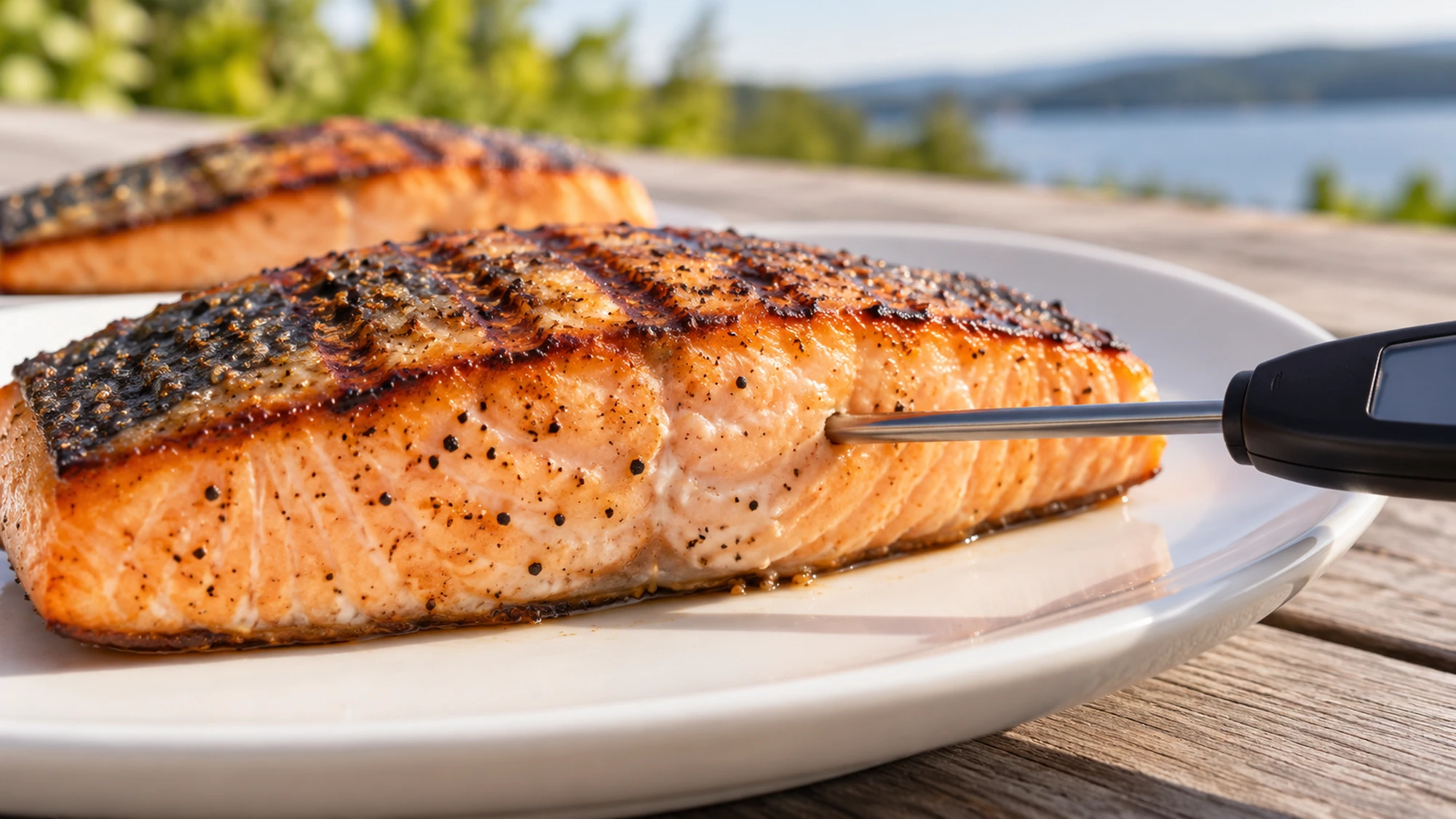 How to grill salmon and check its thickest part with a food thermometer