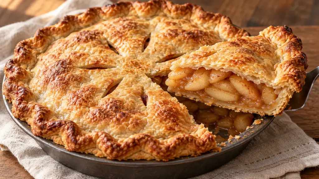How to make apple pie: a lifted slice reveals cinnamon apples beneath a golden double crust