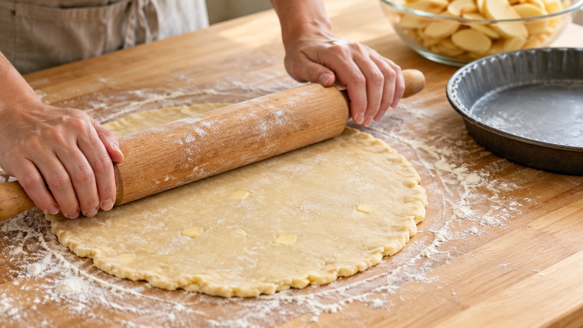 How to make apple pie: butter pastry is rolled beside an empty metal pie pan