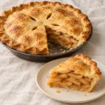 How to make apple pie: a golden double-crust pie and a separate slice on a cream plate