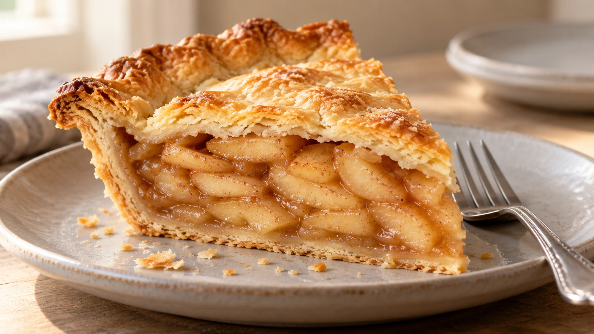 How to make apple pie: a slice shows tender cinnamon apples between flaky top and bottom pastry