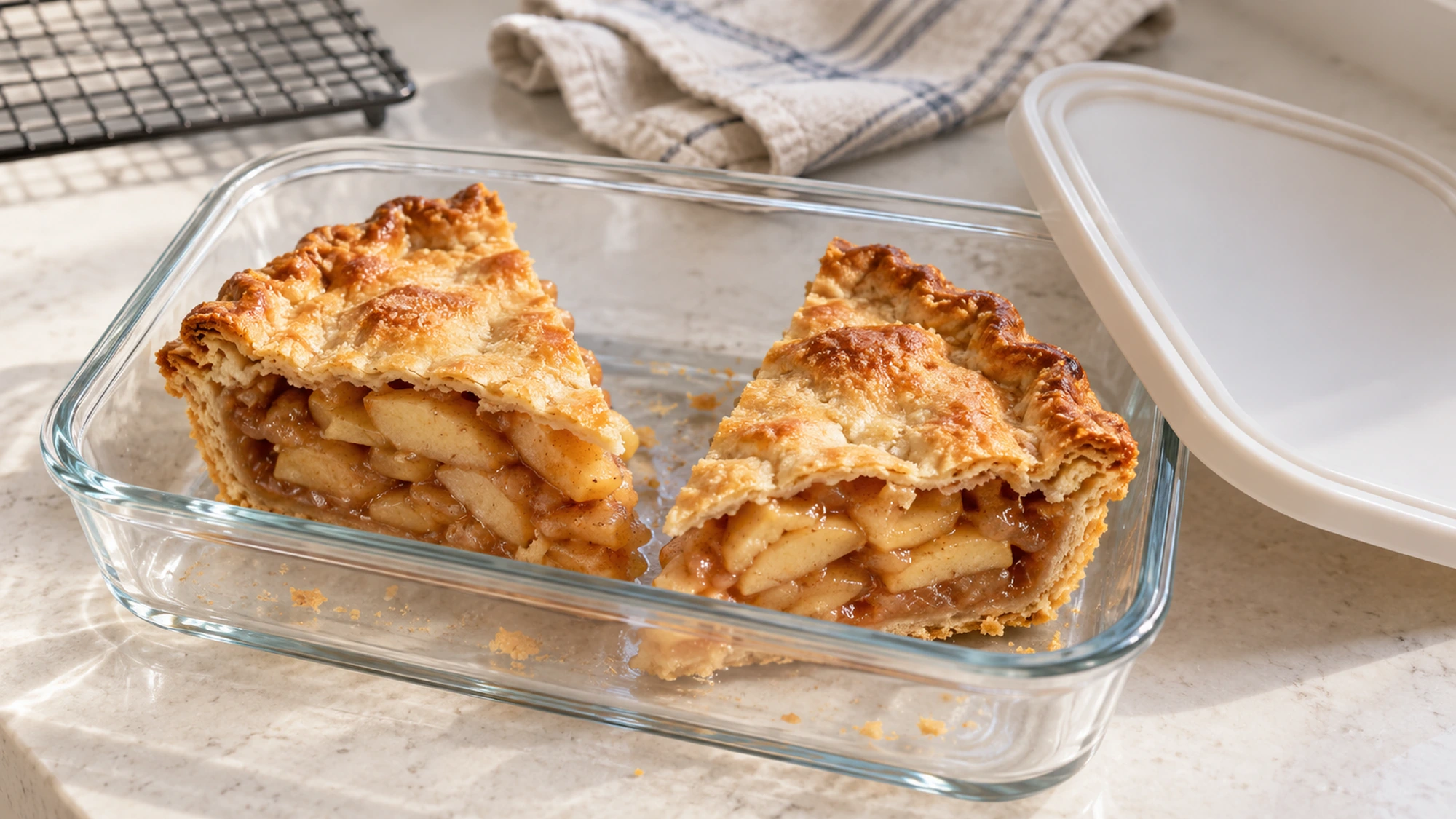 How to make apple pie: cooled slices sit in a shallow glass container beside its lid