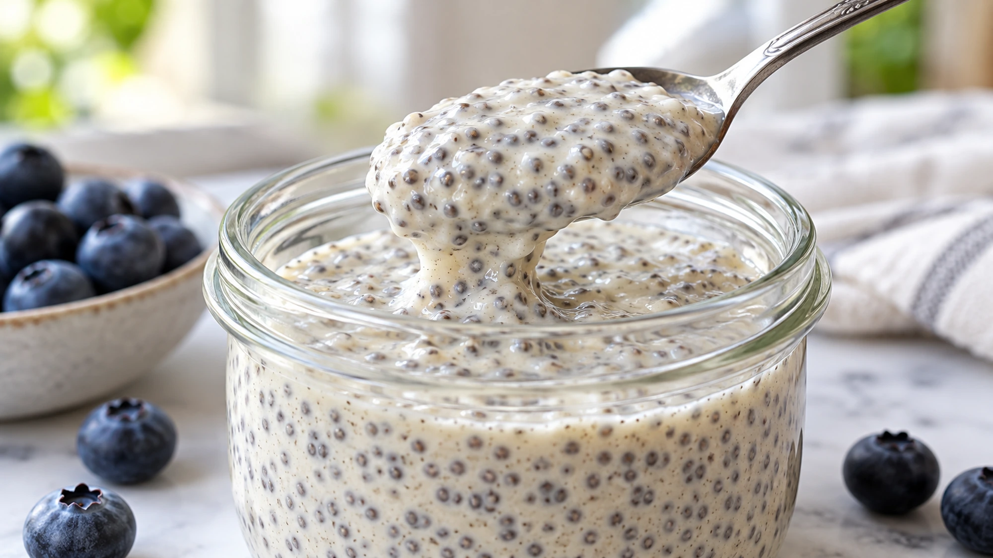 Spoon lifting vanilla chia pudding from a jar
