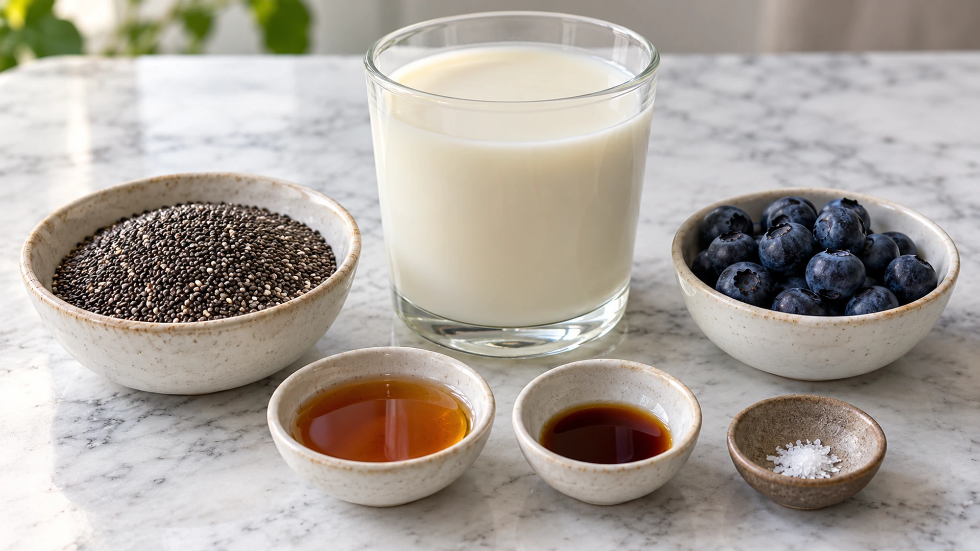 Chia seeds, milk, maple syrup, vanilla and blueberries
