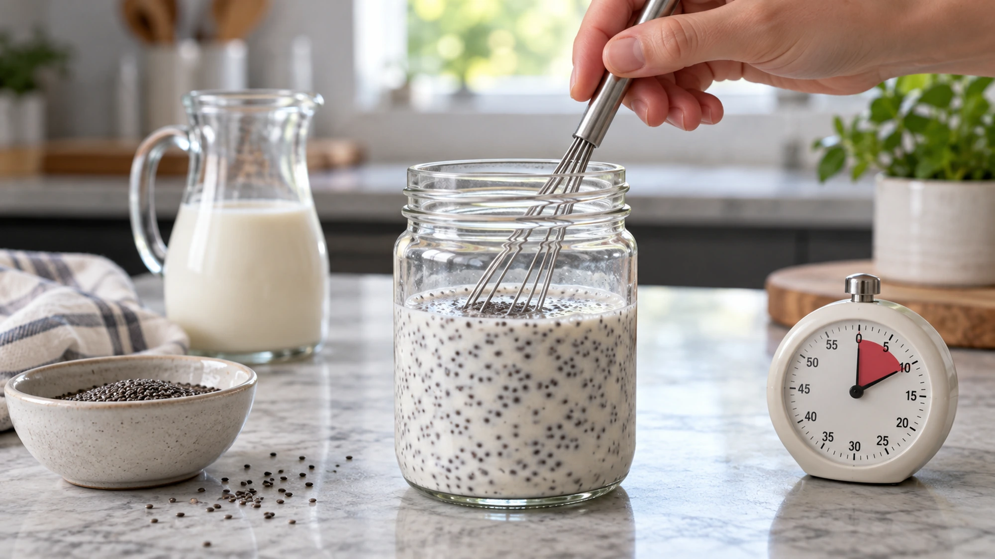 Stirring chia seeds into milk in a jar