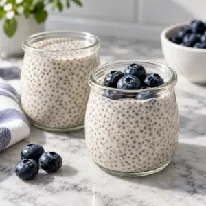 Close view of vanilla chia pudding with blueberries
