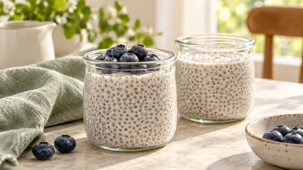 Two jars of vanilla chia pudding topped with blueberries