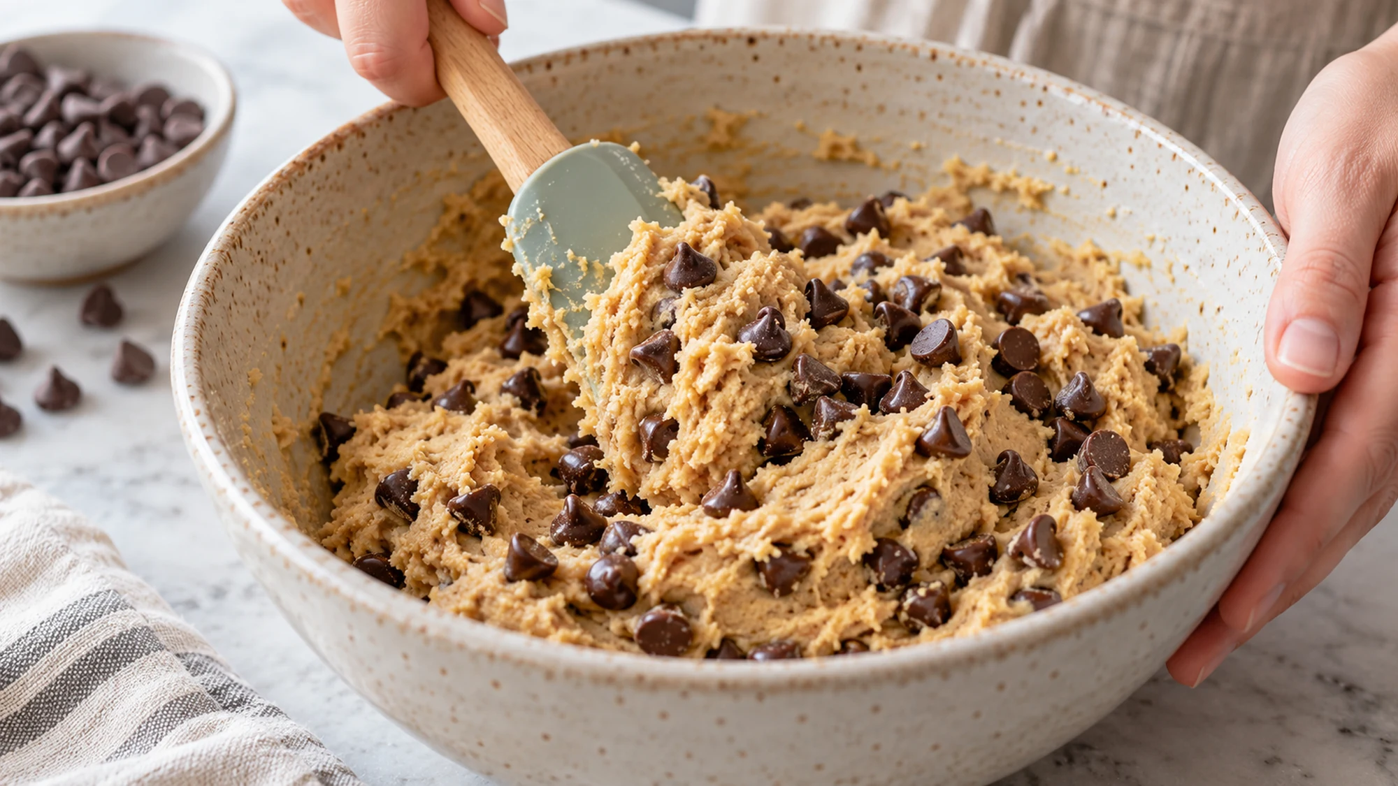 Spatula folding chocolate chips into edible almond flour cookie dough