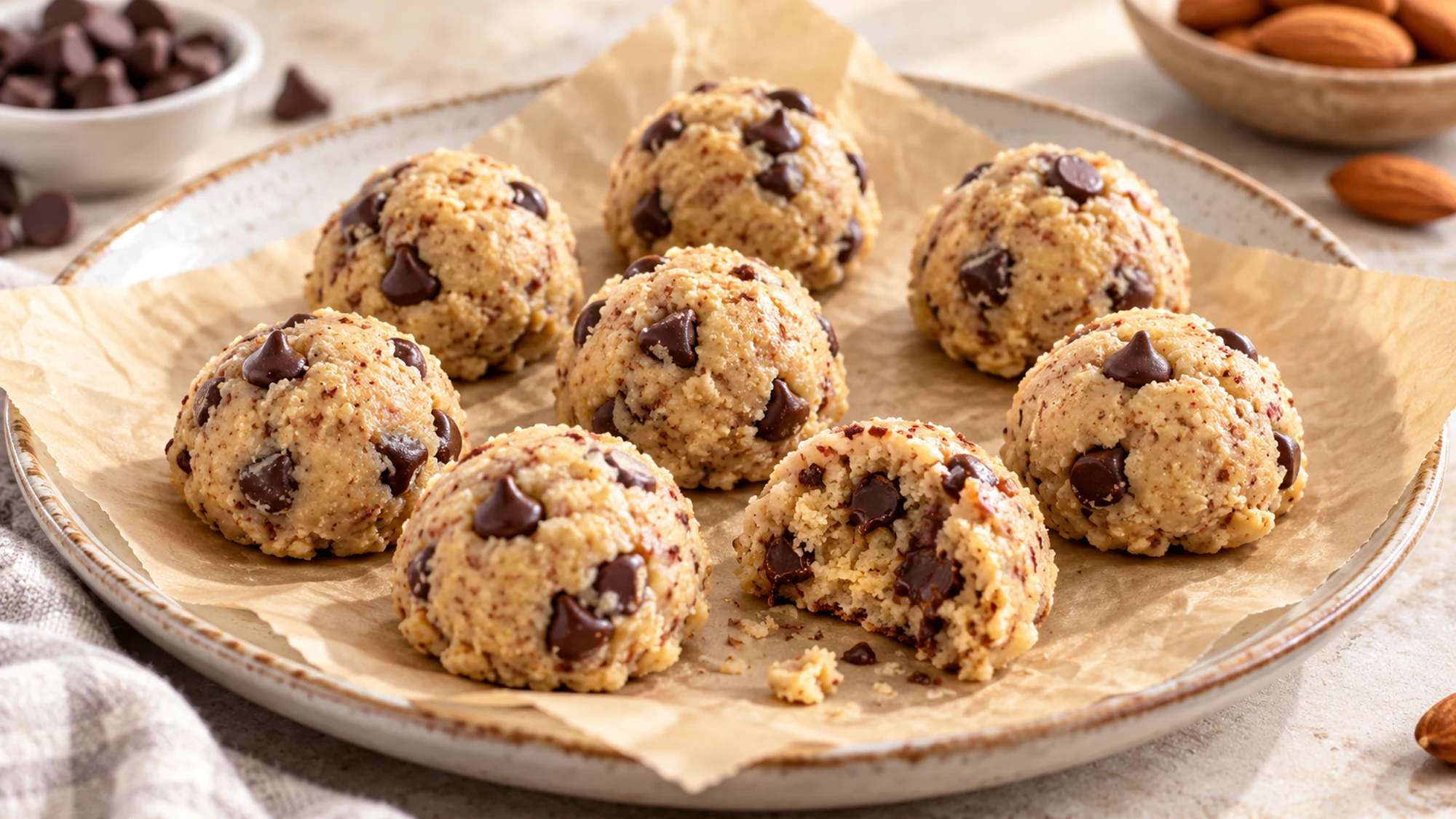 Eight small chilled portions of edible chocolate chip cookie dough