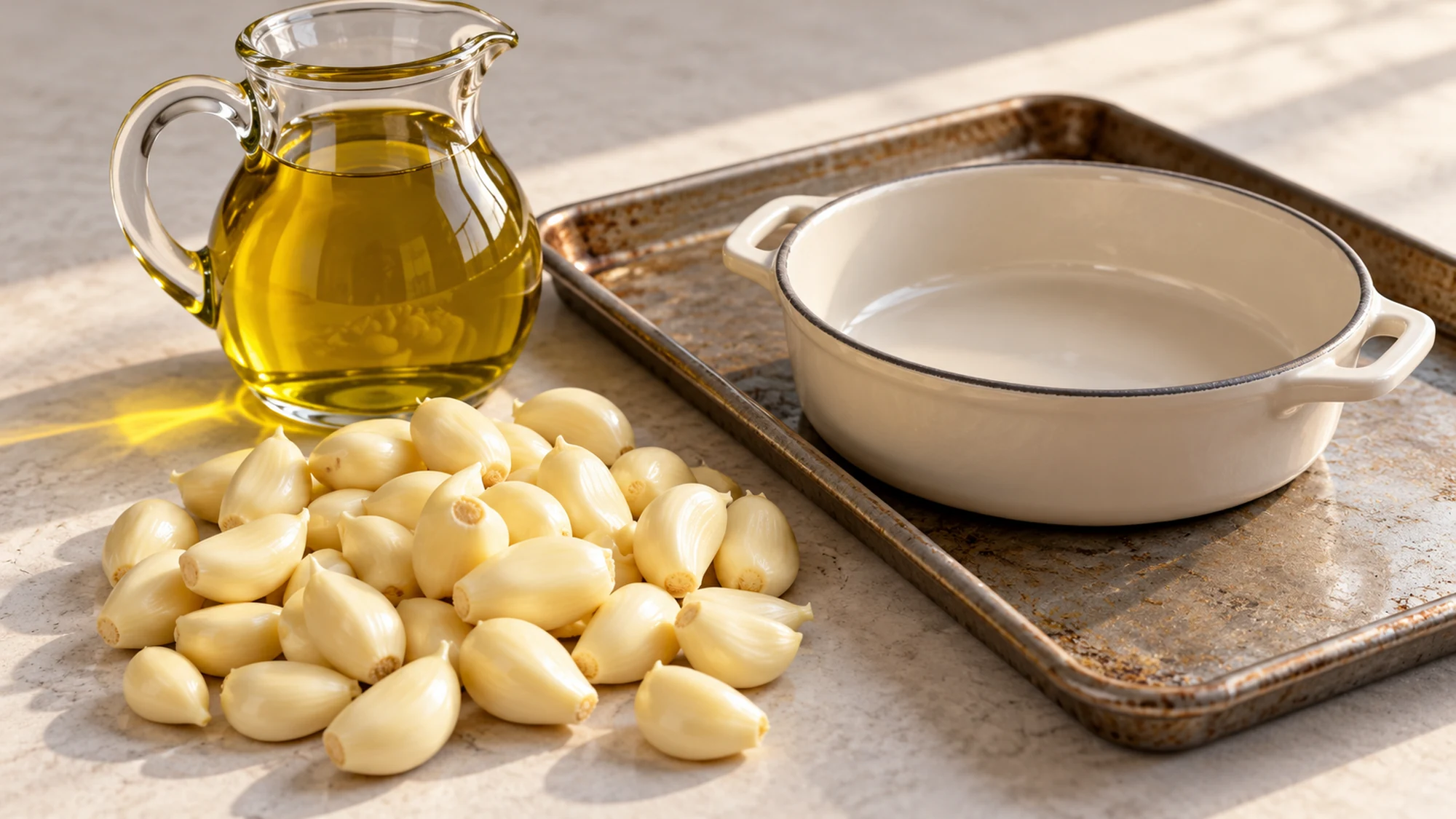 Peeled garlic cloves, olive oil and a small deep ovenproof dish for garlic confit