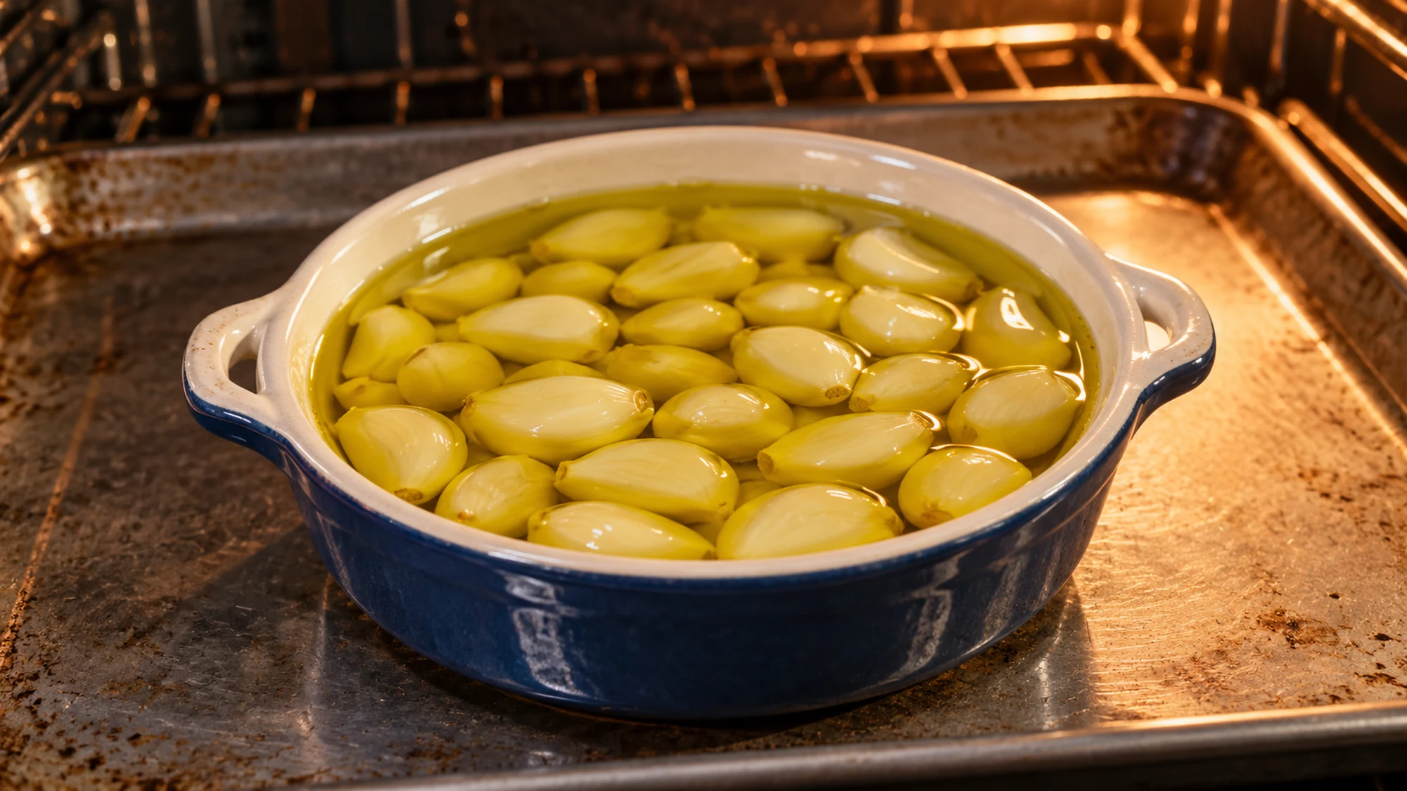 Peeled garlic fully submerged in olive oil in a small ceramic dish on a rimmed tray