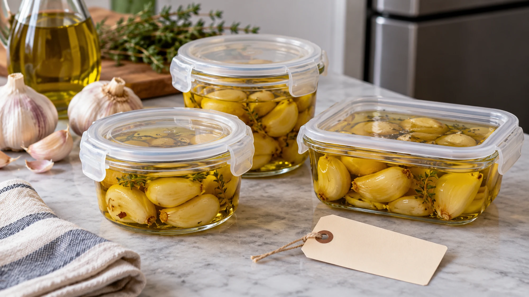 Small covered containers for prompt refrigerated storage of garlic confit and oil
