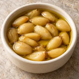 Square recipe image of garlic confit cloves fully submerged in olive oil
