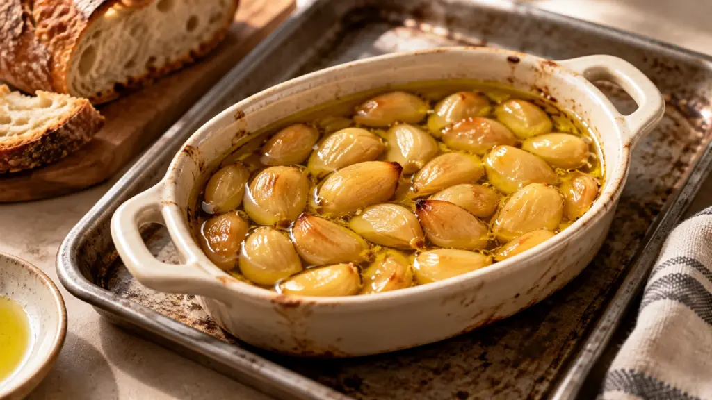 How to make garlic confit: tender garlic cloves submerged in olive oil in an ovenproof dish