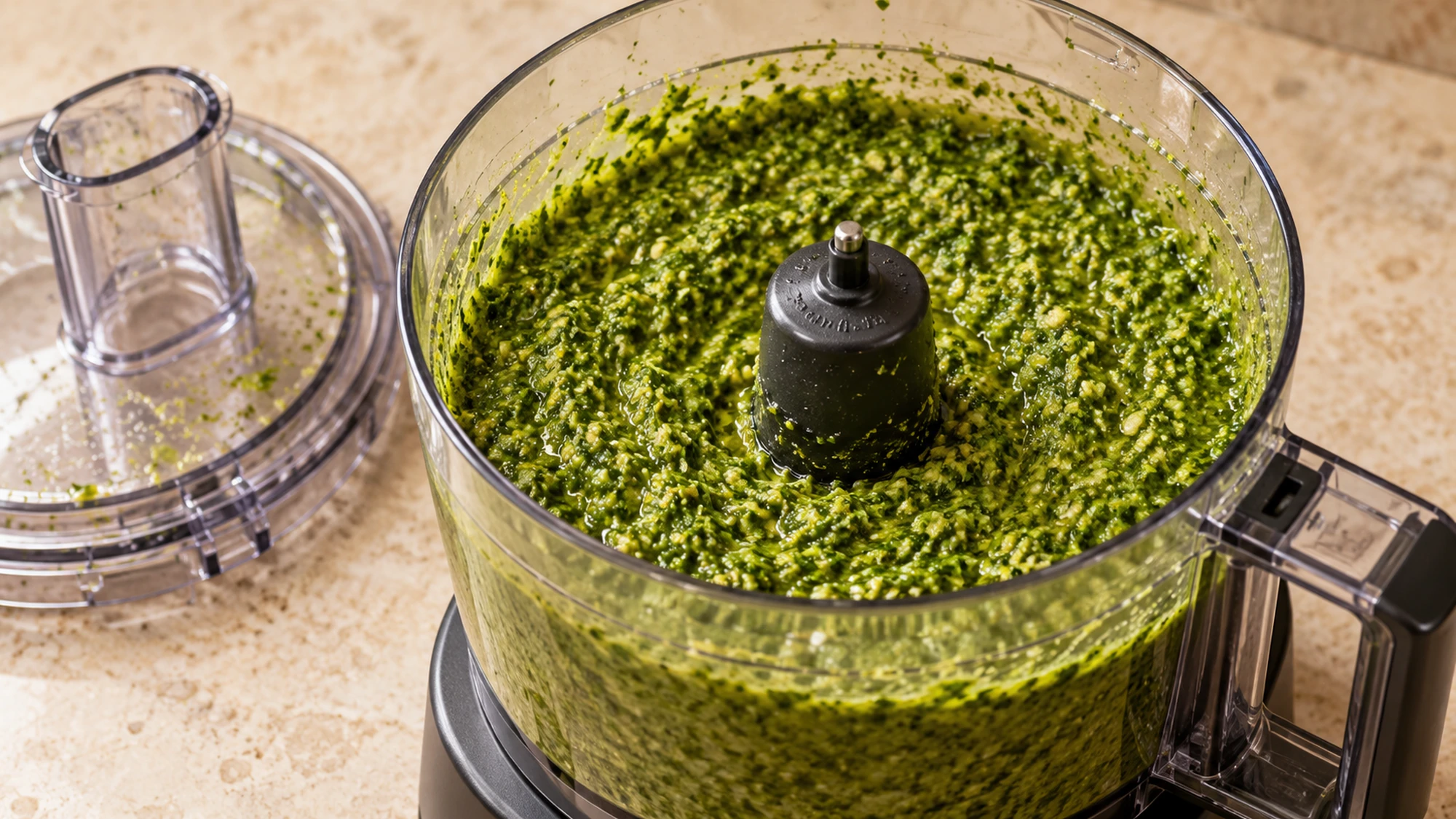 Ingredients for how to make pesto: basil, pine nuts, Parmesan, garlic and olive oil