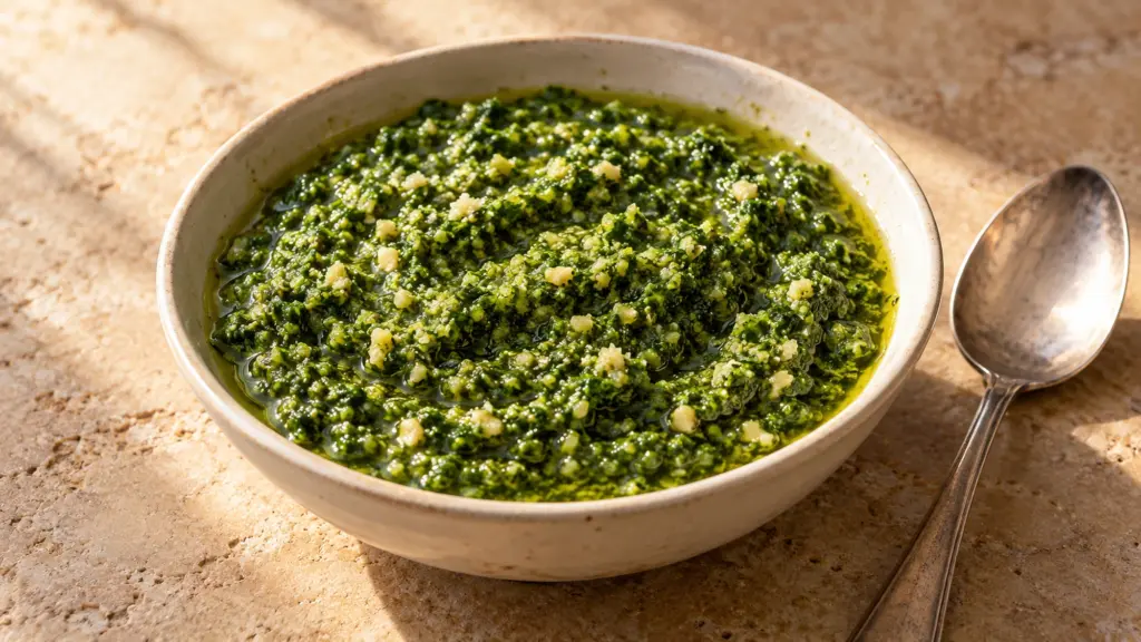Fresh basil pesto in a small serving bowl