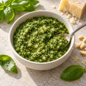 How to make pesto with a lightly textured basil and pine nut sauce