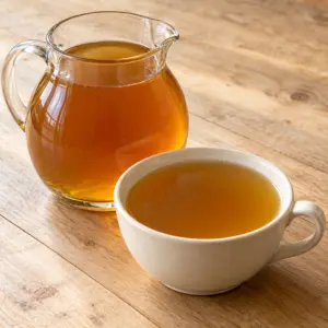 A glass jug and cup of golden homemade broth, showing the finished result of how to make vegetable stock.