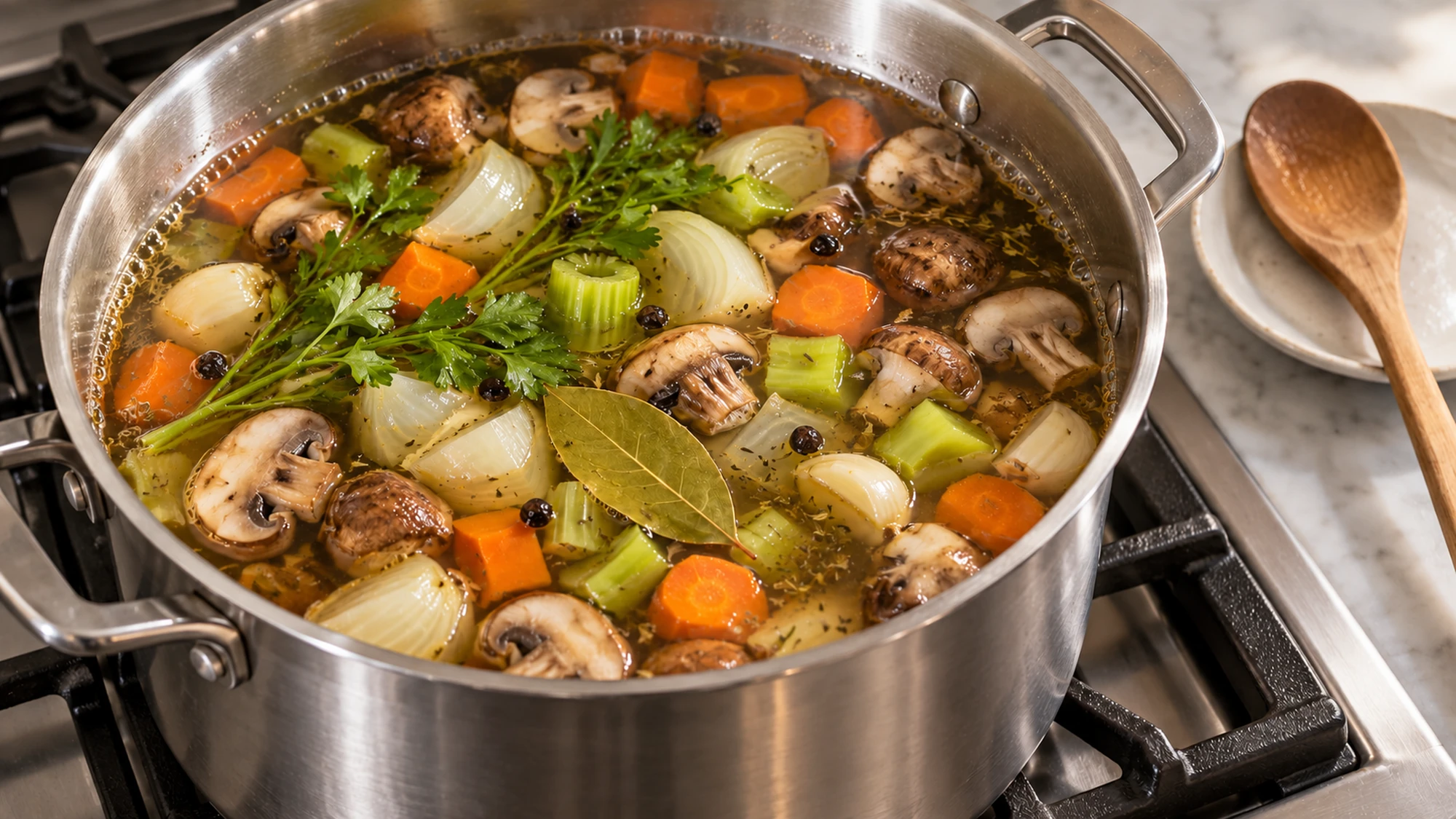 Vegetables and mushrooms gently simmering in a pot, showing how to make vegetable stock.