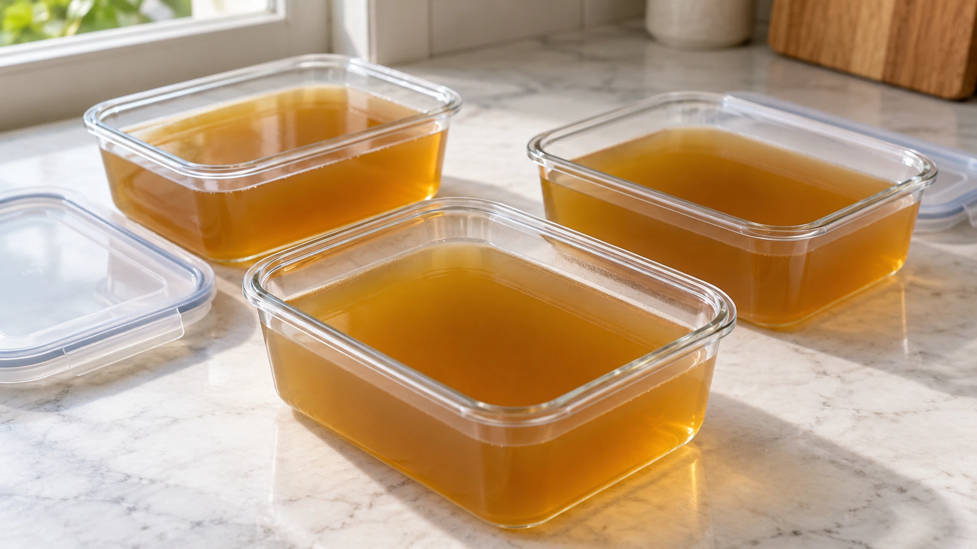 Vegetable stock divided among shallow containers after straining, showing how to make vegetable stock ready for cooling.