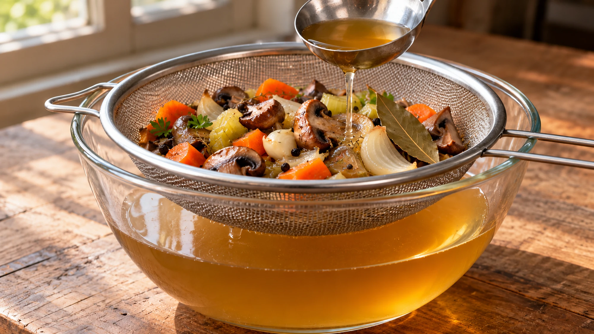 Cooked vegetables resting in a fine-mesh sieve as the broth drains, showing how to make vegetable stock.