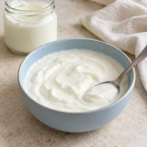 How to make yogurt at home: creamy plain yogurt in a pale-blue bowl with a spoon.