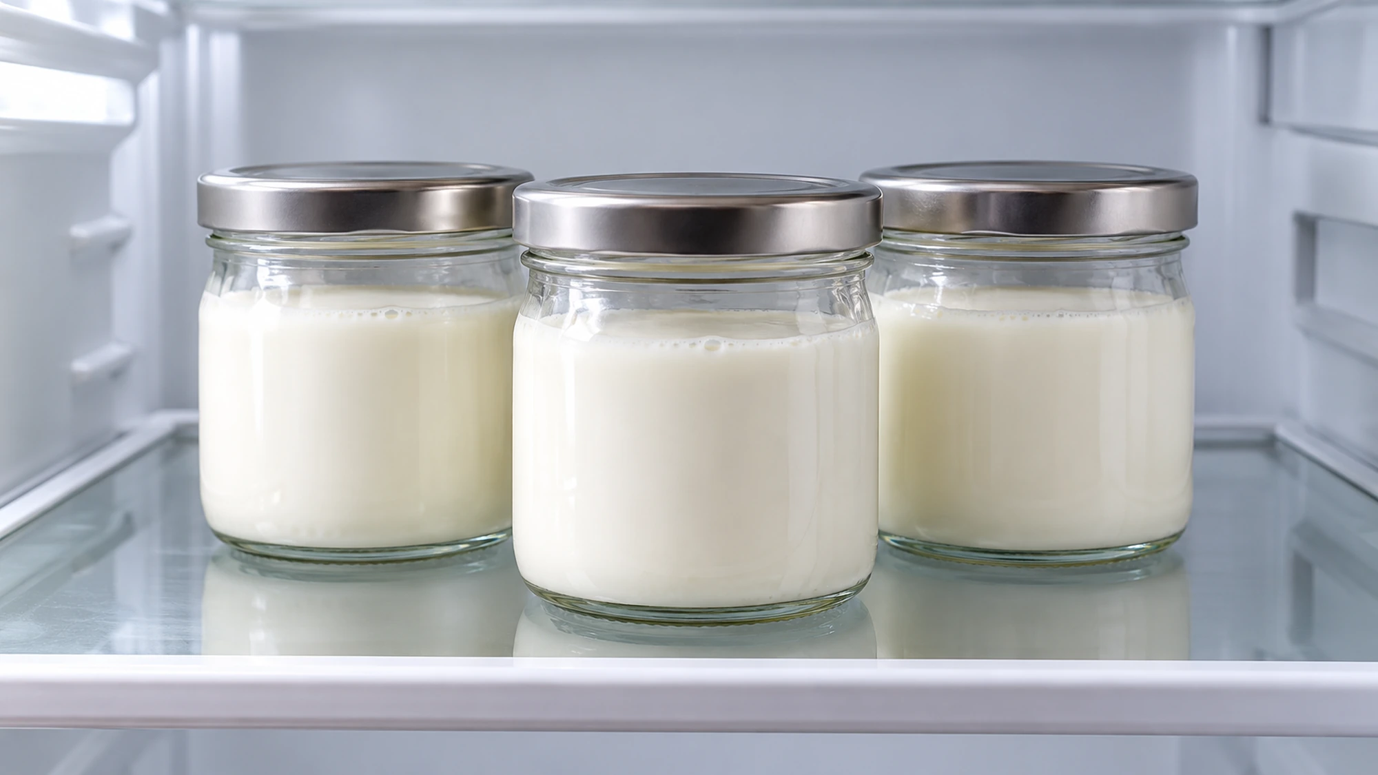 How to make yogurt at home: three covered jars of plain yogurt on a refrigerator shelf.