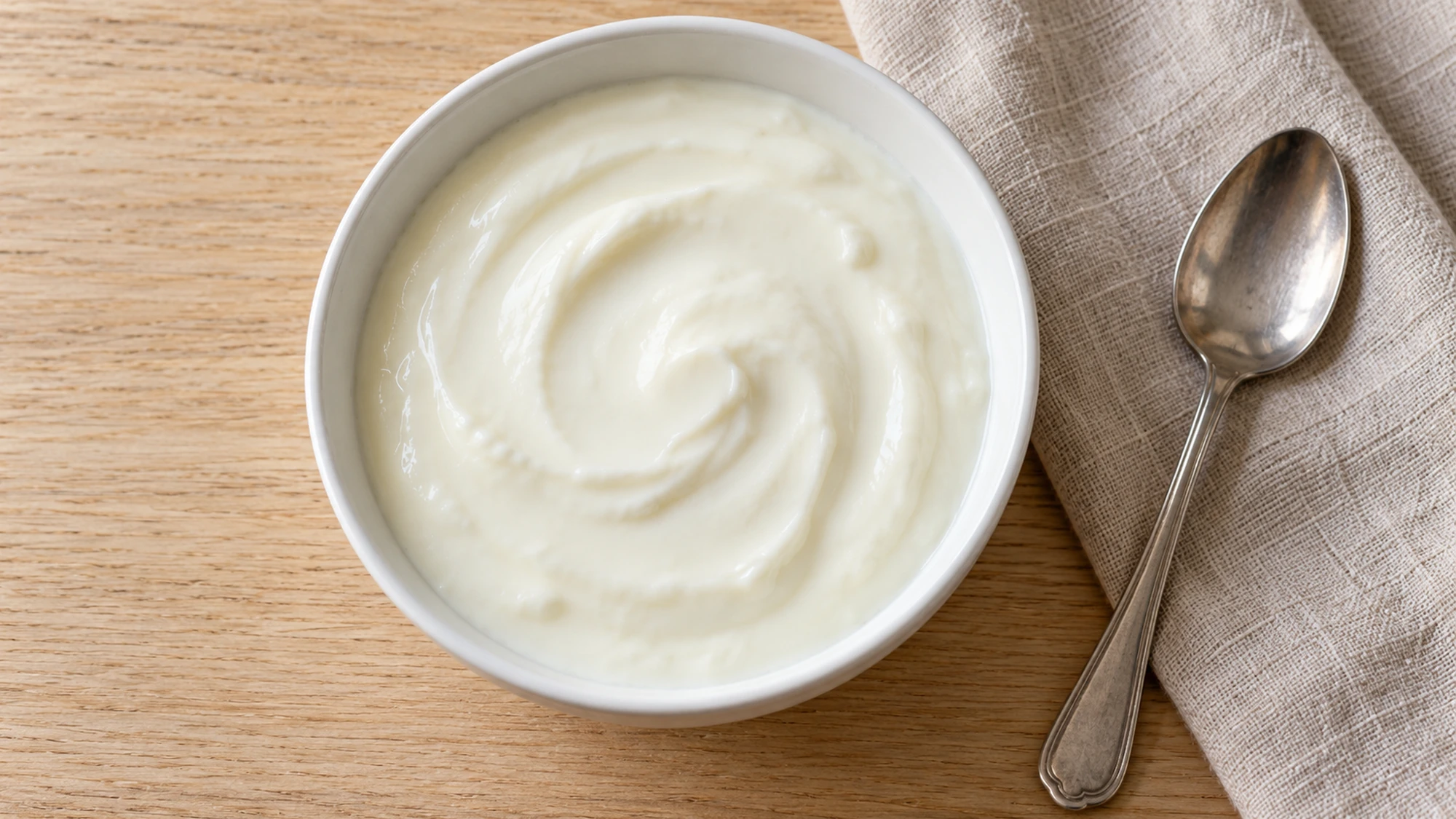 How to make yogurt at home: a serving of unstrained plain yogurt with a spoon on linen.
