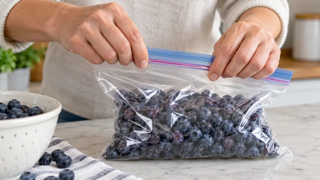 Hands closing a freezer bag filled with blueberries.