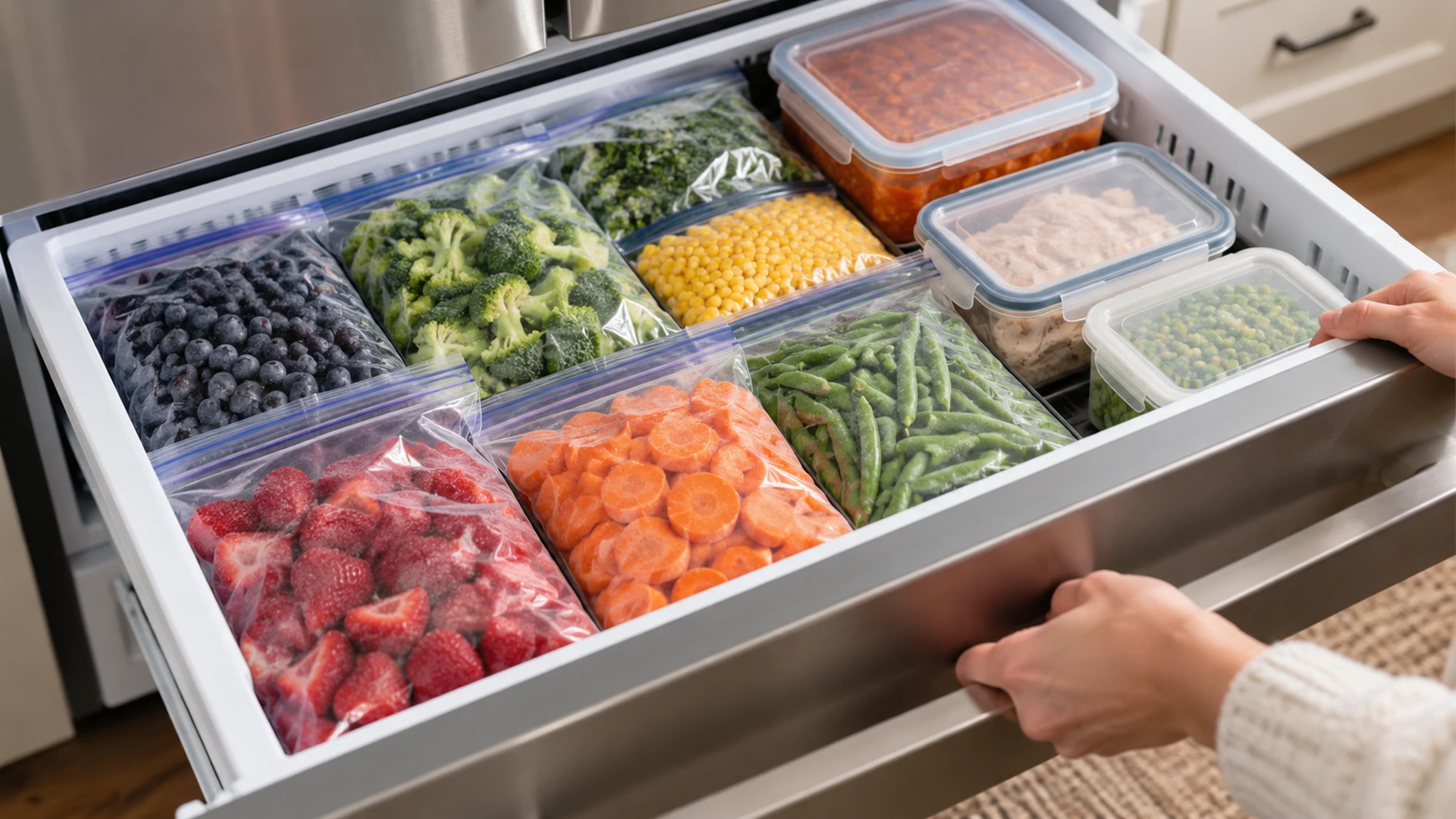 An open freezer drawer with packed fruit, vegetables and containers.