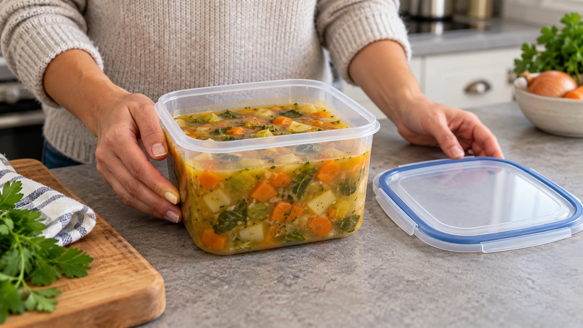 Soup in a freezer container with space below the rim and the lid alongside.
