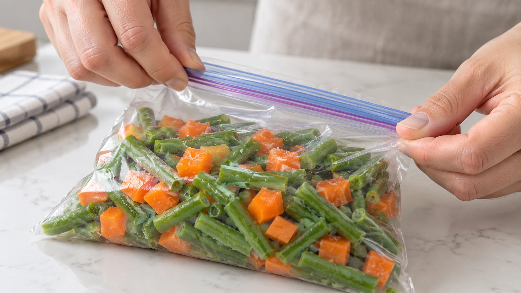 Hands closing a freezer bag containing mixed vegetables.