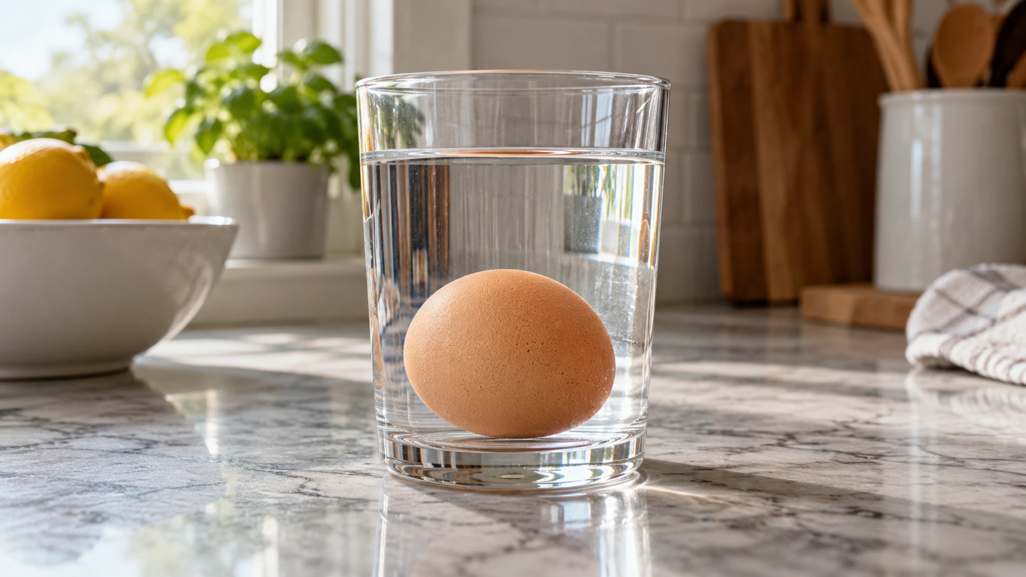 One intact brown egg submerged in a clear glass of water on a kitchen counter.