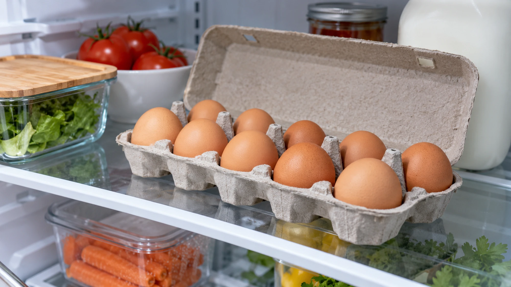 Brown eggs in an open cardboard carton on an interior refrigerator shelf.