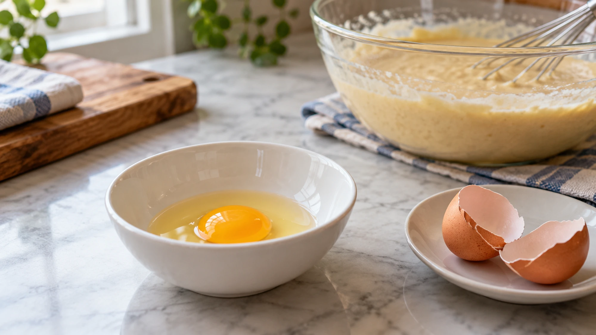 A raw egg in a small bowl with shell halves on a saucer and a separate batter bowl behind.