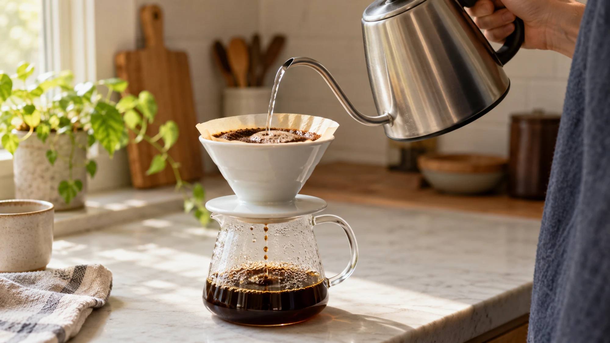 Coffee grounds in a paper filter inside a pour-over brewer.