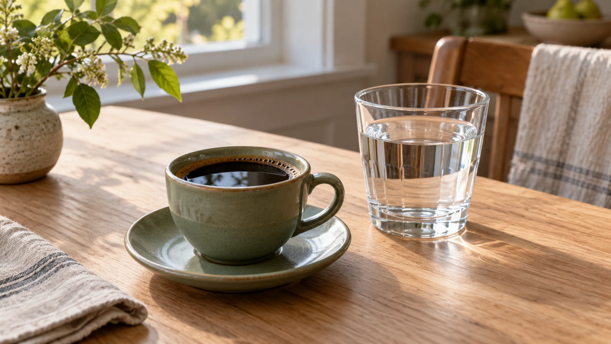 A small cup of coffee beside a glass of water.