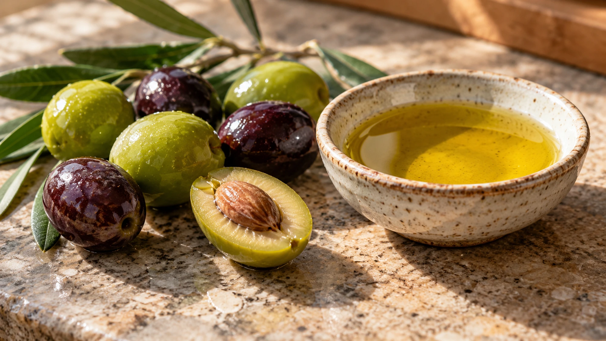 Whole and halved olives beside a ceramic dish of olive oil.