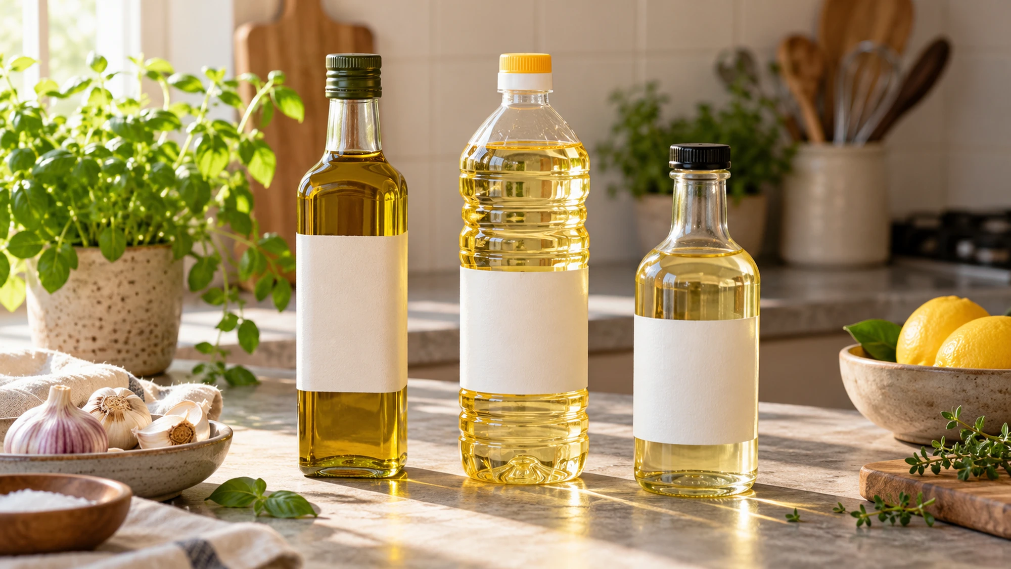 Three cooking oil bottles with blank labels on a kitchen counter.