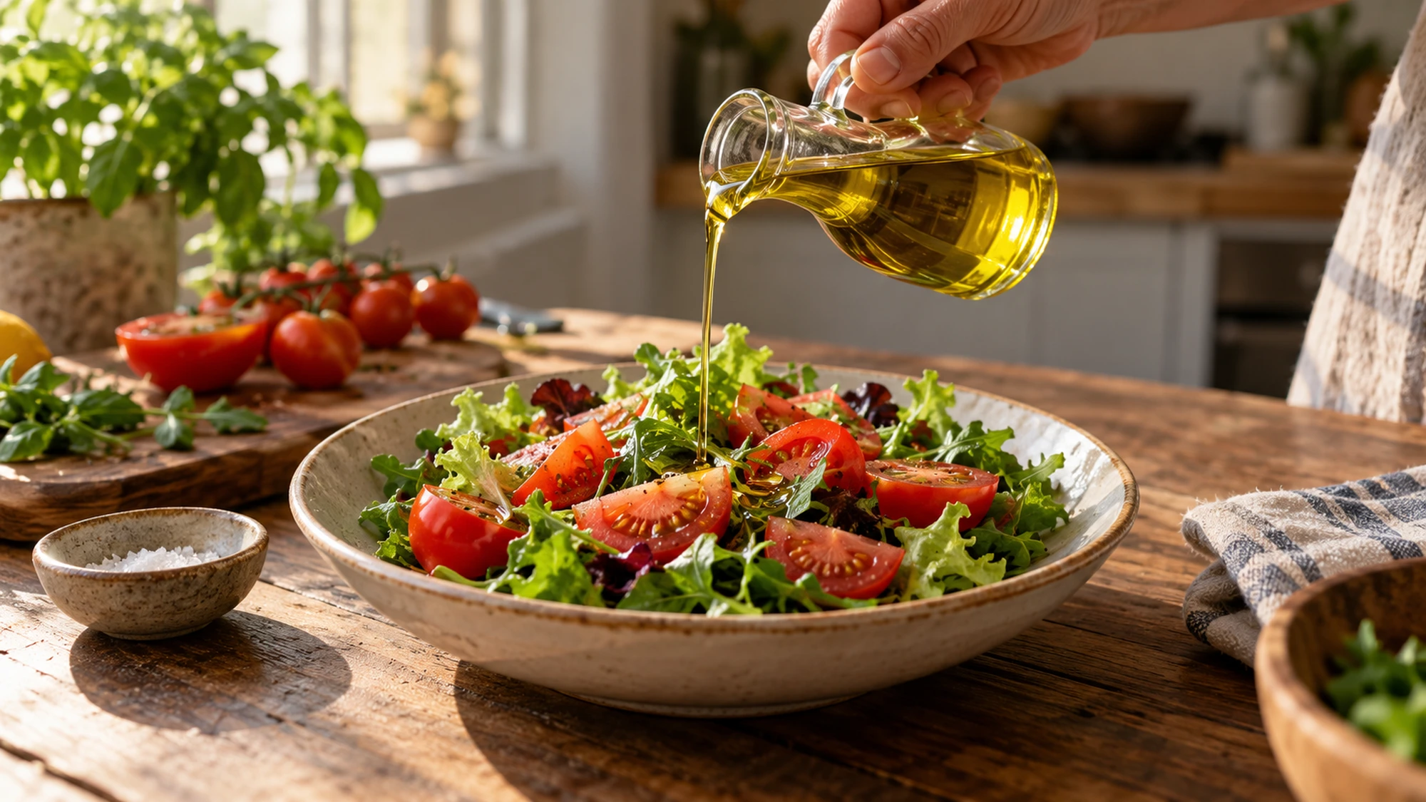 A hand drizzling olive oil over a leafy tomato salad.